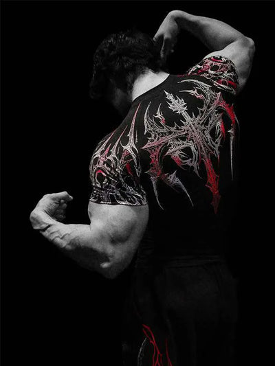 GYM T-shirt Men's Dark Gothic Print Muscle Tee  High Elasticity And Quick Drying Exercise For Bodybuilding Training 2026 Summer