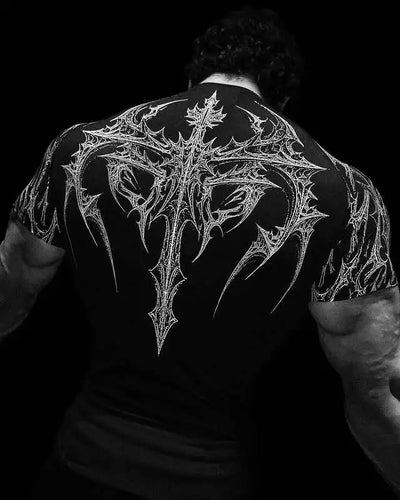 GYM T-shirt Men's Dark Gothic Print Muscle Tee  High Elasticity And Quick Drying Exercise For Bodybuilding Training 2026 Summer