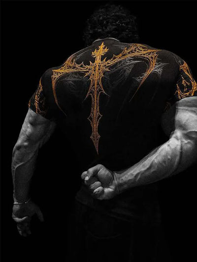 GYM T-shirt Men's Dark Gothic Print Muscle Tee  High Elasticity And Quick Drying Exercise For Bodybuilding Training 2026 Summer