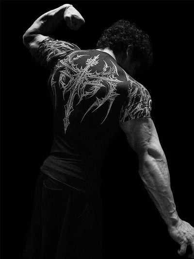 GYM T-shirt Men's Dark Gothic Print Muscle Tee  High Elasticity And Quick Drying Exercise For Bodybuilding Training 2026 Summer