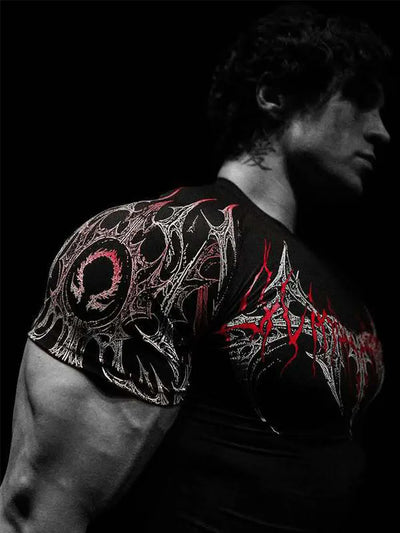 GYM T-shirt Men's Dark Gothic Print Muscle Tee  High Elasticity And Quick Drying Exercise For Bodybuilding Training 2026 Summer