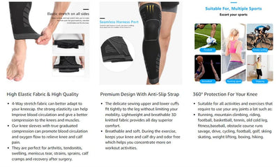 BraceTop Long Leg Compression Sleeves,Full Leg Sleeve Long Knee Brace Knee Support Protect Basketball,Football, Knee Pain Relief