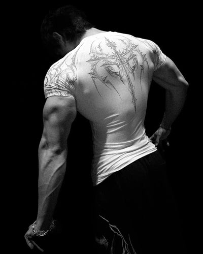 GYM T-shirt Men's Dark Gothic Print Muscle Tee  High Elasticity And Quick Drying Exercise For Bodybuilding Training 2026 Summer