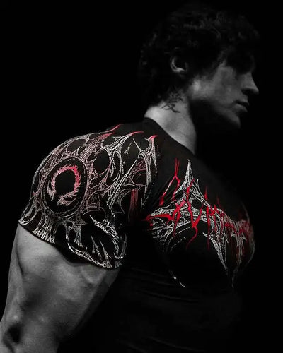 GYM T-shirt Men's Dark Gothic Print Muscle Tee  High Elasticity And Quick Drying Exercise For Bodybuilding Training 2026 Summer
