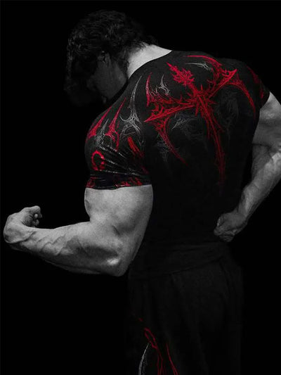 GYM T-shirt Men's Dark Gothic Print Muscle Tee  High Elasticity And Quick Drying Exercise For Bodybuilding Training 2026 Summer